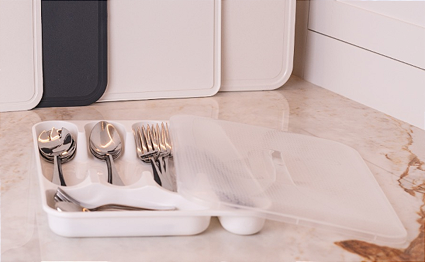 ORGANIZADOR DE TALHERES COM TAMPA PREMIUM - BRANCO - TOTAL 16 UNIDADES