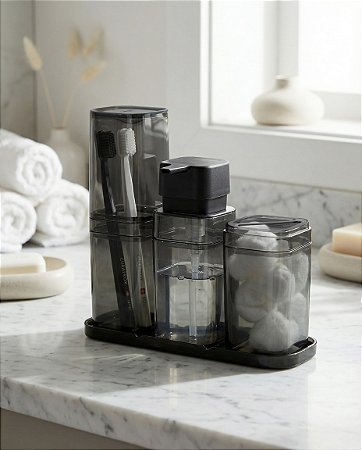 KIT LINHA BANHEIRO LUX (4 PEÇAS) - PORTA ESCOVAS COM TAMPA + PORTA ALGODÃO/COTONETE + PORTA SABONETE LÍQUIDO + BANDEJA - TOTAL 10 KITS
