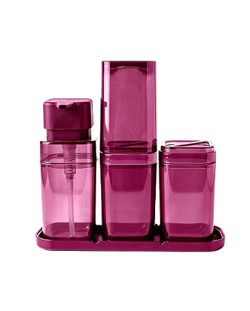 KIT LINHA BANHEIRO LUX (4 PEÇAS) - PORTA ESCOVAS COM TAMPA + PORTA ALGODÃO/COTONETE + PORTA SABONETE LÍQUIDO + BANDEJA - 10 KITS