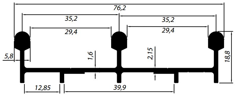 Perfil de Alumínio Trilho Inferior Triplo Sistema Deslizante p/ Vidro Temperado - Várias cores - Barra com 6mts (Cód. BX-066)