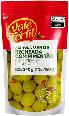 Azeitona Vale Fértil Verde Em Conserva Recheio Pimentão Sachê 150G