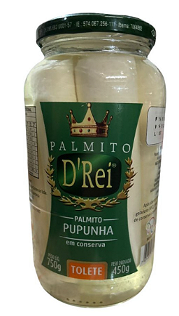 Palmito Pupunha Inteiro D'Rei Vidro de 450G