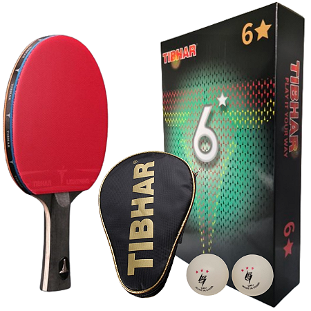 Raquete Tibhar 6 Estrelas Clássica Carbono Profissional Tenis De Mesa + Raqueteira + 2 Bolas 3 Estrelas D40+