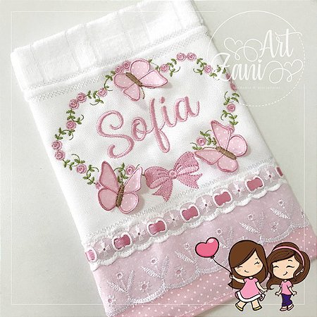Toalha de Boca Bebê Bordada Borboletas 3D