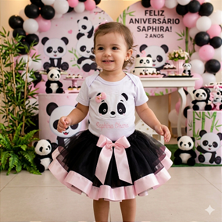 Conjunto Body e Saia Tutu Panda para Bebê