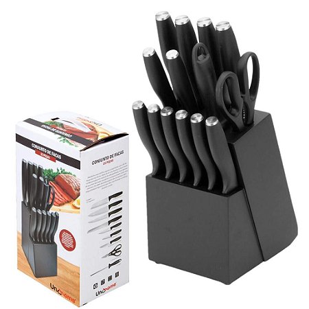 Conjunto De Facas 15 Peças Inox Com Suporte Tesoura Chaira