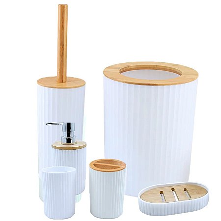 Kit Banheiro Luxo Lavabo Lixeira Escova Conjunto 6 Pçs Bambu