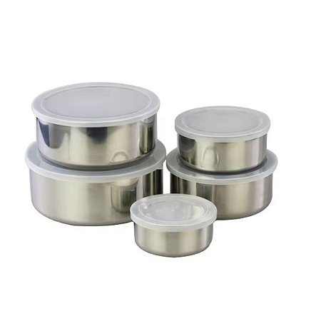 Kit 5 Tigelas Empilháveis Pote Inox Com Tampa Vedação Firme