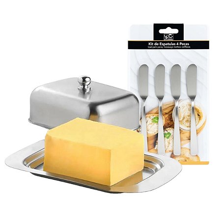 Manteigueira Inox Porta Margarina Com Tampa + Kit 4 Espátula