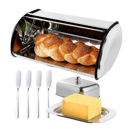 Porta Pão Inox + Manteigueira Kit 4 Espátula Café Da Manhã