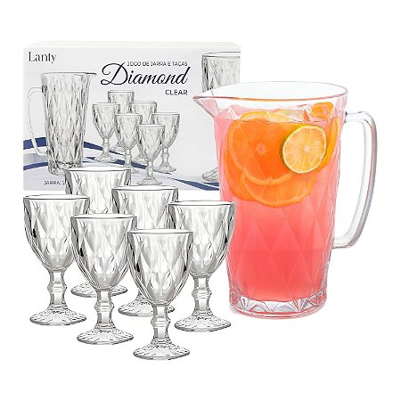 Jarra De Vidro Diamond 1l Com Jogo 6 Taças 260ml Suco Água