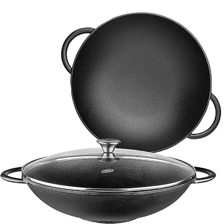 Panela Wok Ferro Fundido Disco Forno Fogão 6L Tampa De Vidro