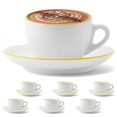 Jogo 6 Xícaras De Café Chá Pires Cerâmica Fio De Ouro 85ml