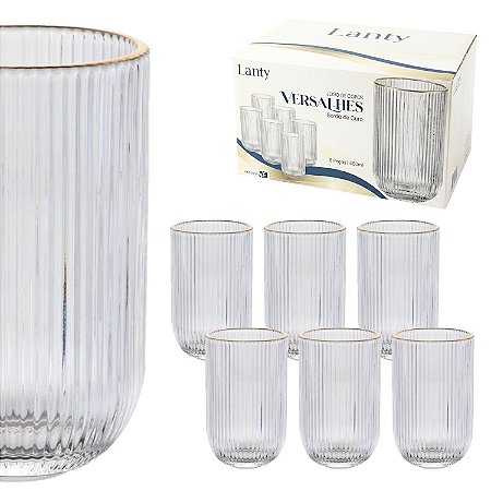Jogo De 6 Copos Versalhes Em Vidro Com Borda Dourada 460ml
