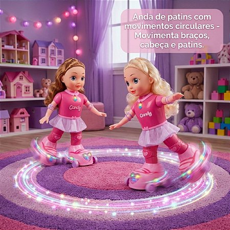 Boneca Patinadora Infantil Candy Patins Luz Som Movimento