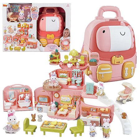 Casa De Bonecas Mochilinha Coelhos Grande Luz Música Coleção
