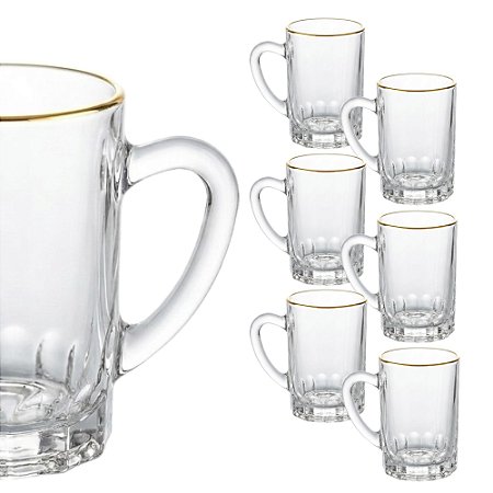 Jogo De Canecas Xícara Café Vidro Borda De Ouro 90ml 6 Peças