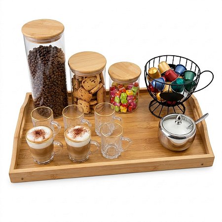 Bandeja Bambu Café Kit Canecas Potes Alimentos Porta Cápsula