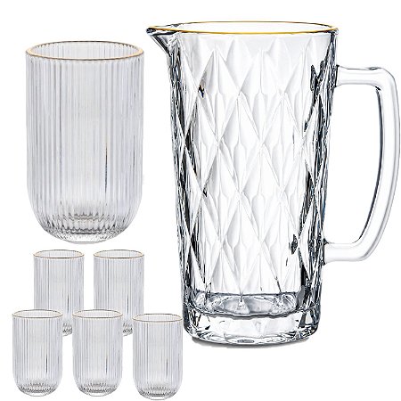 Kit Jarra De Vidro Diamond 1L + 6 Copos 460ml Borda De Ouro