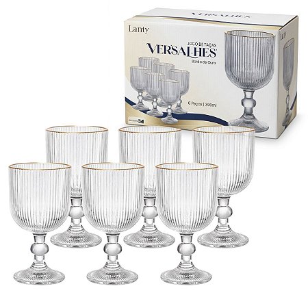 Jogo 6 Taças 390ml Vidro Canelado Versalhes Borda Dourada