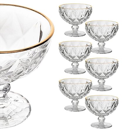 Jogo 6 Taças Sobremesa Coquetel Vidro Diamond Fio Ouro 310ml