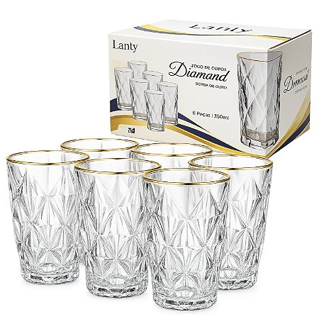 Jogo 6 Copos Diamond Vidro Borda De Ouro 350ml Suco Água