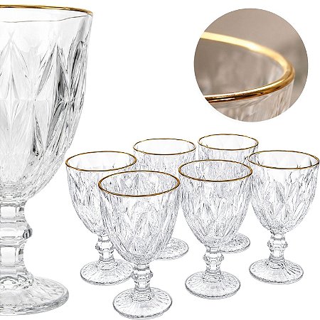 Jogo 6 Taças De Vidro Diamond 260ml Borda De Ouro Vinho Água