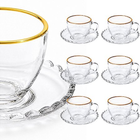 Jogo 6 Xícaras Vidro Com Pires Borda De Ouro 100ml Café Chá