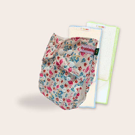Kit fralda Ecológica Fraldadinhos Framingos com 2 absorventes Toalha de 4 e 6 camadas