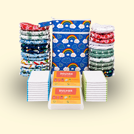 Kit Enxoval Completo | 24 Fraldinhas + 24 Absorventes + 100 Liners biodegradáveis + Bolsa Impermeável