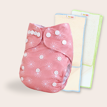 Kit Fralda Ecológica Raio de Sol (rosa) com 2 absorventes SuperABS de 4 e 6 camadas