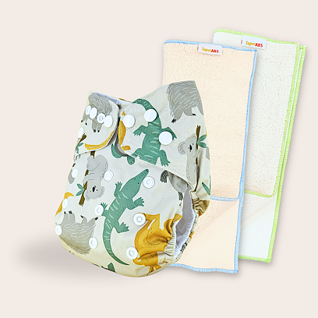 Kit fralda Ecológica Bichos com 2 absorventes SuperABS de 4 e 6 camadas