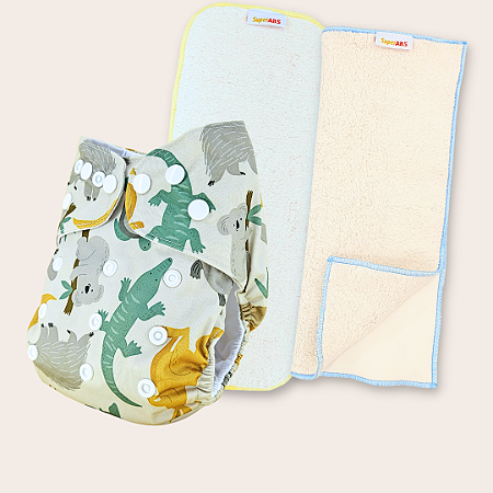 Kit fralda Ecológica Bichos com 2 absorventes SuperABS de 4 camadas faixa e 6 camadas toalha