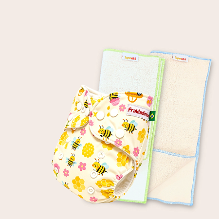 Kit fralda Ecológica Fraldadinhos Abelhas+ 2 absorventes toalha 4 camadas e 6 camadas