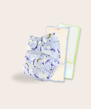 Kit fralda Ecológica Unicornio Lilas com 2 absorventes Toalha de 4 e 6 camadas