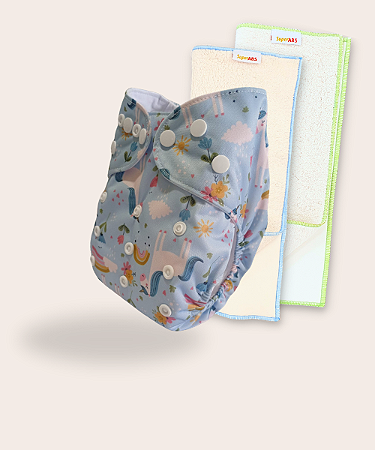 Kit fralda Ecológica Unicornio azul com 2 absorventes Toalha de 4 e 6 camadas