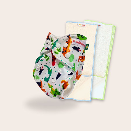 Kit fralda Ecológica Fraldadinhos Dino Floresta com 2 absorventes Toalha de 4 e 6 camadas
