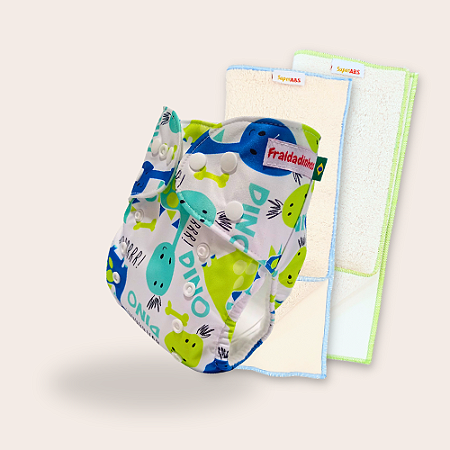 Kit fralda Ecológica Fraldadinhos Dino Baby com 2 absorventes Toalha de 4 e 6 camadas