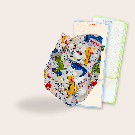 Kit fralda Ecológica Fraldadinhos Dino Music com 2 absorventes Toalha de 4 e 6 camadas