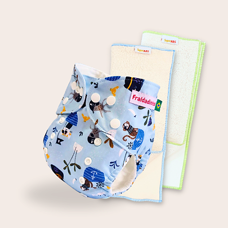 Kit fralda Ecológica Fraldadinhos Bichinho nauticos com 2 absorventes Toalha de 4 e 6 camadas