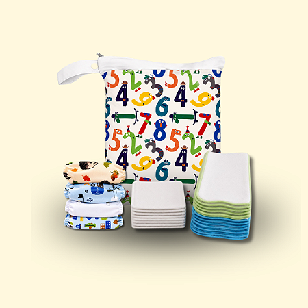 Kit Primeiro Enxoval - Tons Frios | 4 Fraldinhas + 8 Absorventes + 10 Liners + Bolsa Impermeável