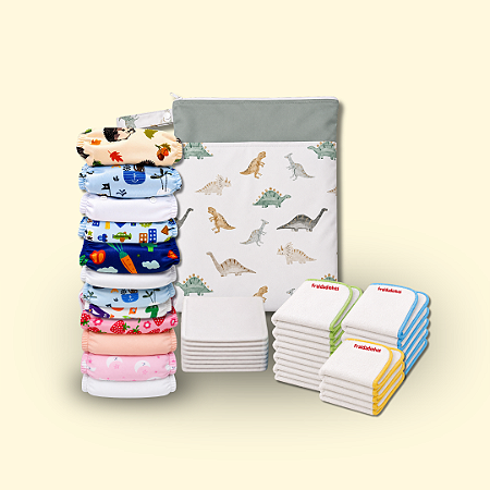 Kit Rotina Completa | Coleção Fraldadinhos - Tons Frios | 12 Fraldinhas + 18 Absorventes + 10 Liners + Bolsa Impermeável