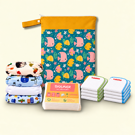 Kit Primeiro Enxoval | 4 Fraldas Ecológicas + 8 Absorventes + 50 Bioliners + Bolsa Impermeável