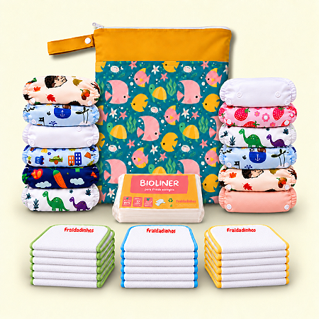 Kit Rotina Completa | 12 Fraldas Ecológicas + 18 Absorventes + 50 Bioliners + Bolsa Impermeável
