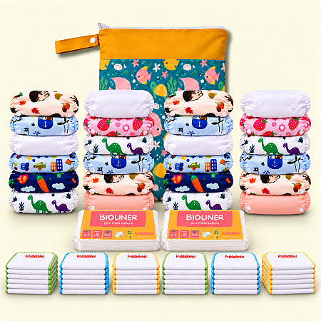 Kit Enxoval Completo | 24 Fraldas Ecológicas + 36 Absorventes + 100 Bioliners + Bolsa Impermeável