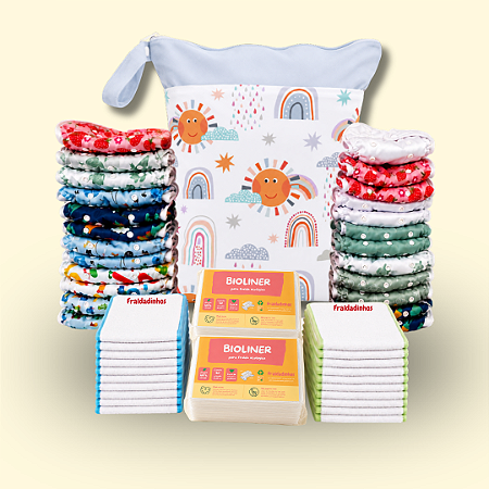 Kit Enxoval Completo | 24 Fraldinhas + 24 Absorventes + 100 Bioliners + Bolsa Impermeável