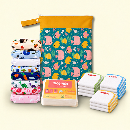 Kit Rotina Essencial | 8 Fraldas Ecológicas + 12 Absorventes + 50 Bioliners + Bolsa Impermeável