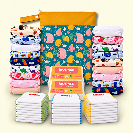 Kit Rotina Tranquila | 18 Fraldas Ecológicas + 27 Absorventes + 100 Bioliners + Bolsa Impermeável