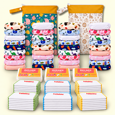 Kit Enxoval Família | 36 Fraldas Ecológicas + 54 Absorventes + 150 Bioliners + 2 Bolsas Impermeáveis