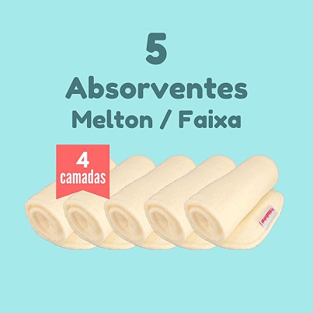 Kit com 5 absorventes para fralda ecológica - Melton - 4 camadas - Faixa